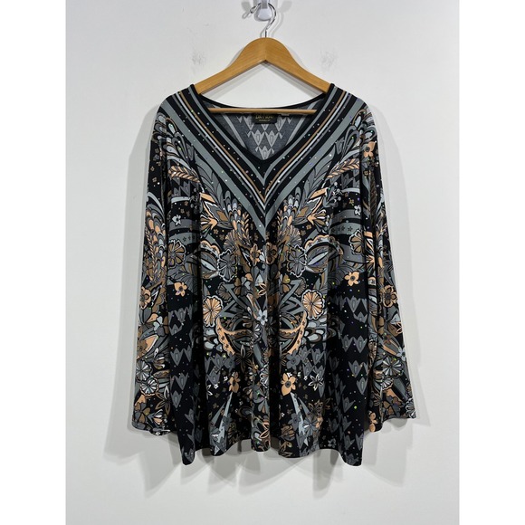 Bob Mackie Tops - Bob Mackie Black Floral V-Neck Long Sleeve Blouse with Gray and Tan Accents.